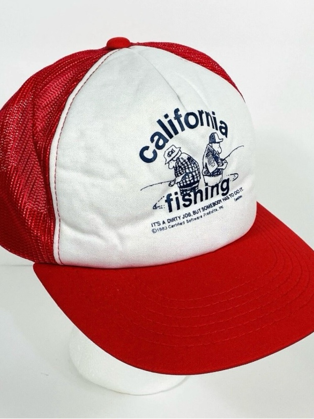 California Fishing Red and White Truckers Snap Back Hat Cap 1983
